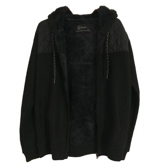 Men's Winter Quilted Fur-Lined Full-Zip Warm Sweater Hoodie Jacket, Black, L - Picture 2 of 10